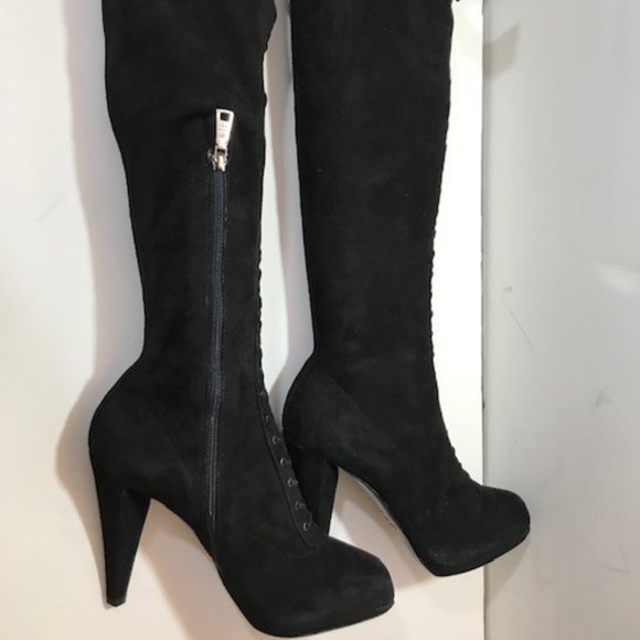 PRADA Black Suede Knee-High Lace-up Platform Boots - Picture 3 of 7